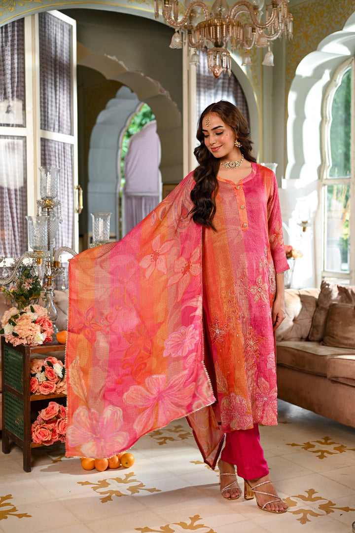Pink Floral print Suit Set with Sequin , Mirror and Zari work- SET OF-3 | SHOBITAM