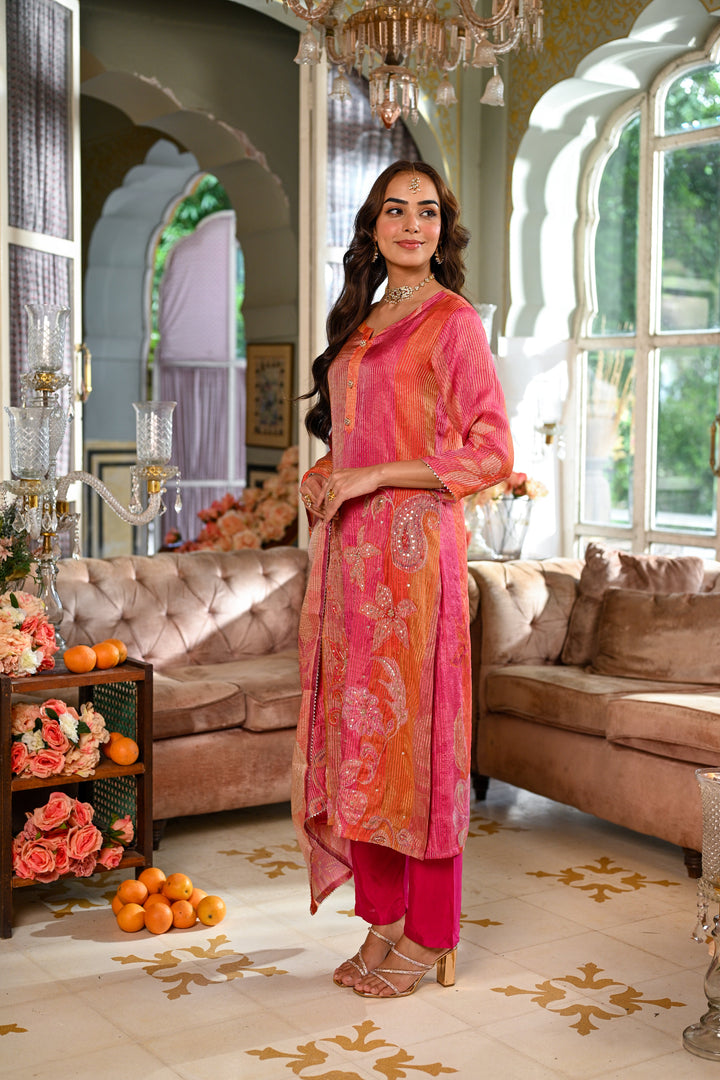 Pink Floral print Suit Set with Sequin , Mirror and Zari work- SET OF-3 | SHOBITAM