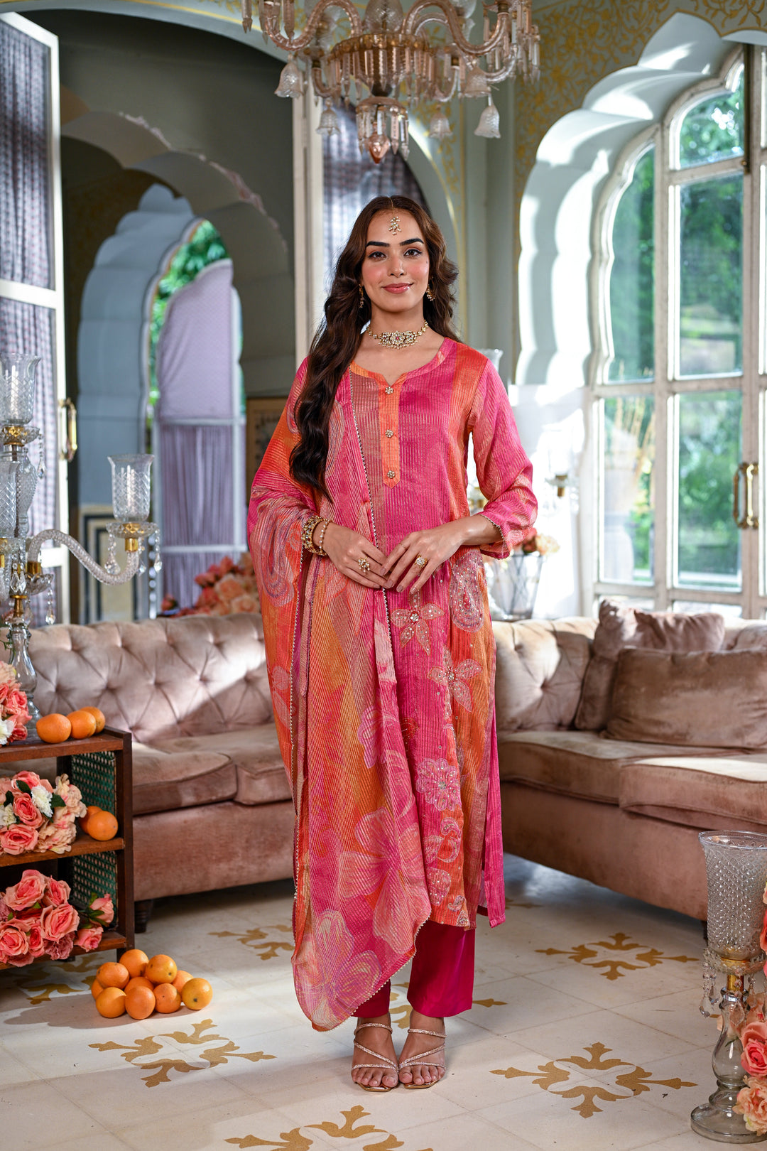 Pink Floral print Suit Set with Sequin , Mirror and Zari work- SET OF-3 | SHOBITAM