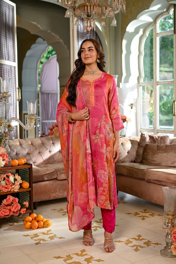 Pink Floral print Suit Set with Sequin , Mirror and Zari work- SET OF-3 | SHOBITAM