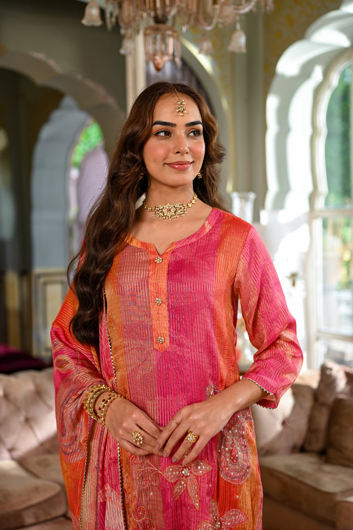 Pink Floral print Suit Set with Sequin , Mirror and Zari work- SET OF-3 | SHOBITAM