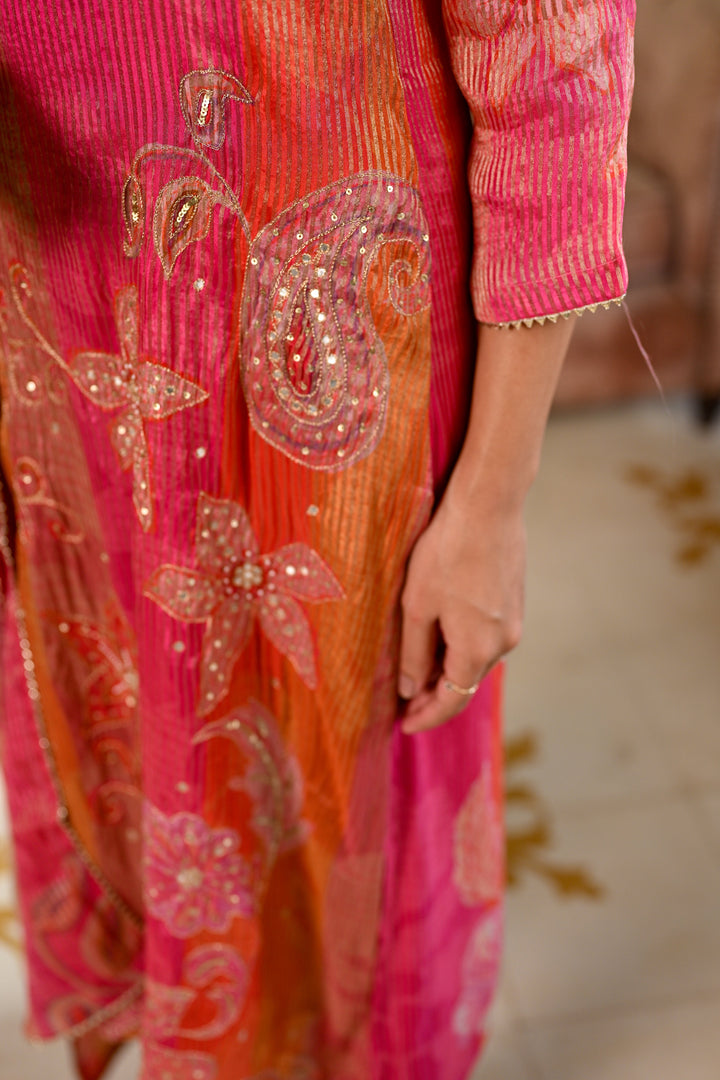Pink Floral print Suit Set with Sequin , Mirror and Zari work- SET OF-3 | SHOBITAM