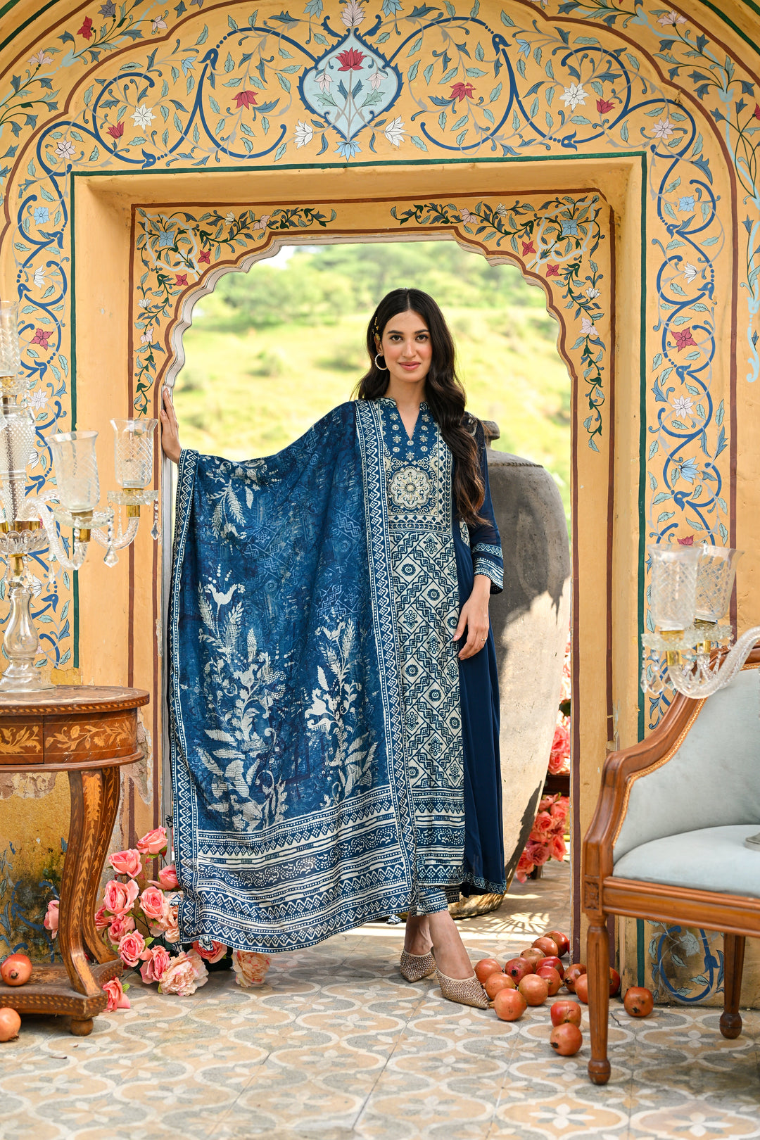 Royal Blue Shehzadi Anarkali Georgette Suit Set- SET OF-3 | SHOBITAM
