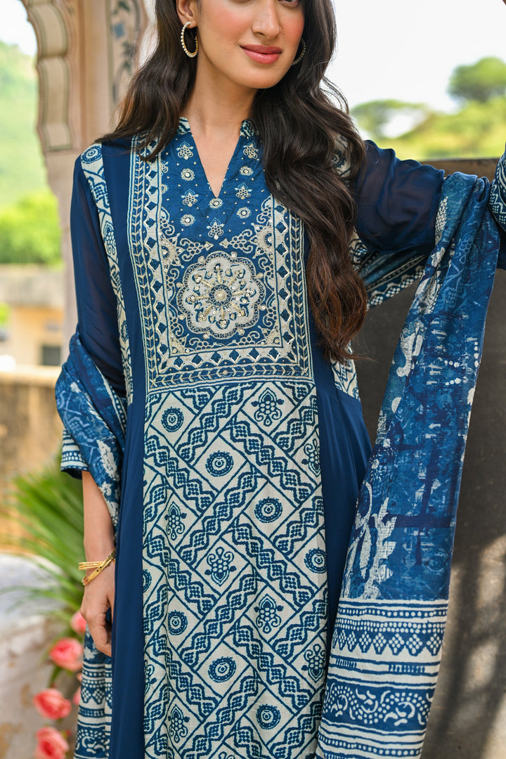 Royal Blue Shehzadi Anarkali Georgette Suit Set- SET OF-3 | SHOBITAM