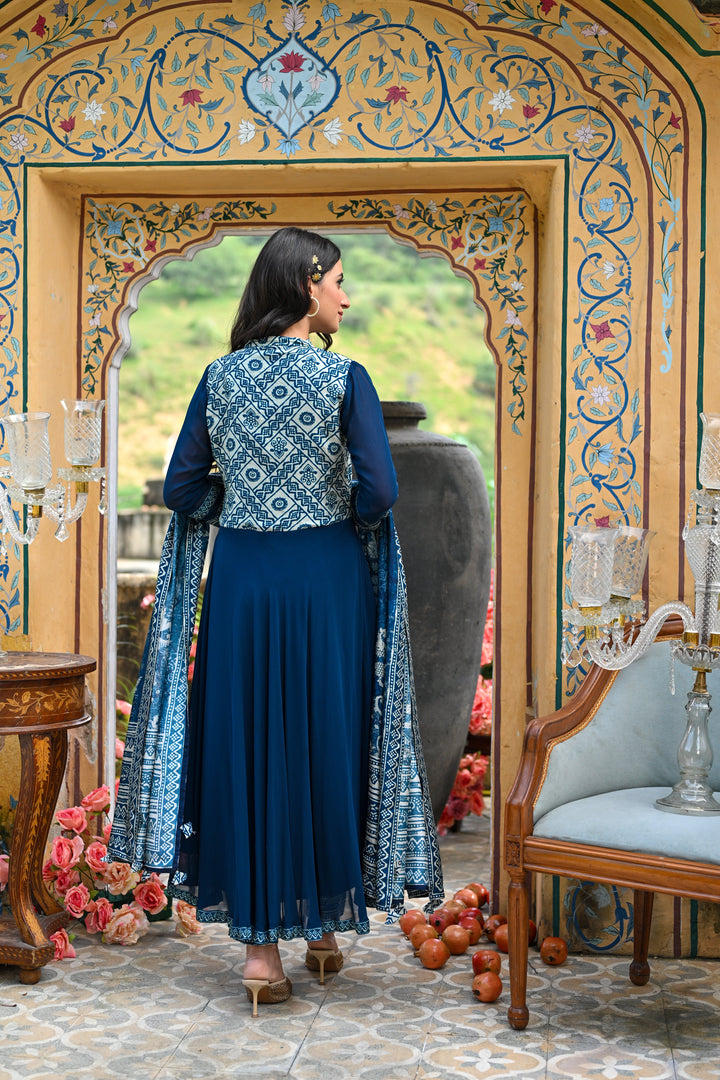 Royal Blue Shehzadi Anarkali Georgette Suit Set- SET OF-3 | SHOBITAM