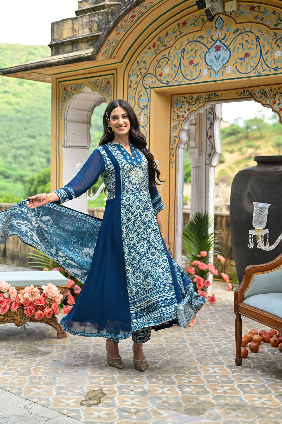 Royal Blue Shehzadi Anarkali Georgette Suit Set- SET OF-3 | SHOBITAM