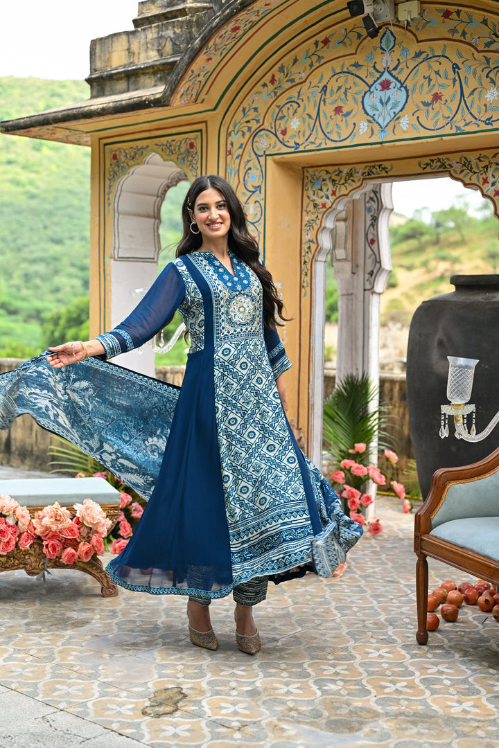 Royal Blue Shehzadi Anarkali Georgette Suit Set- SET OF-3 | SHOBITAM