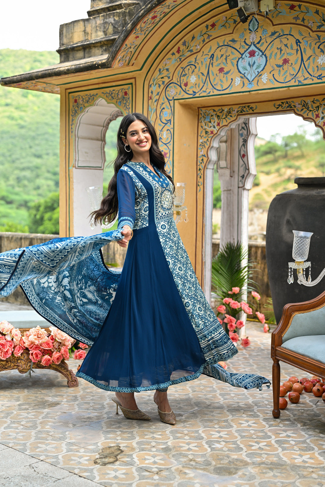 Royal Blue Shehzadi Anarkali Georgette Suit Set- SET OF-3 | SHOBITAM
