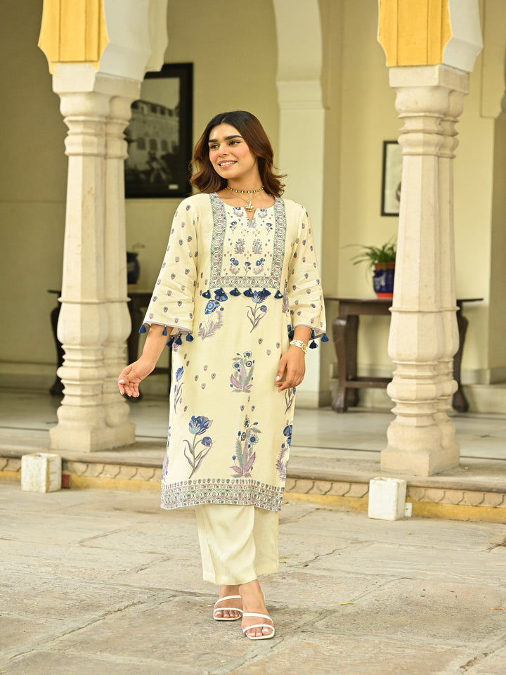 Off White and Blue Floral Print with Tassels Placement Kurta Set- SET OF-2 | SHOBITAM