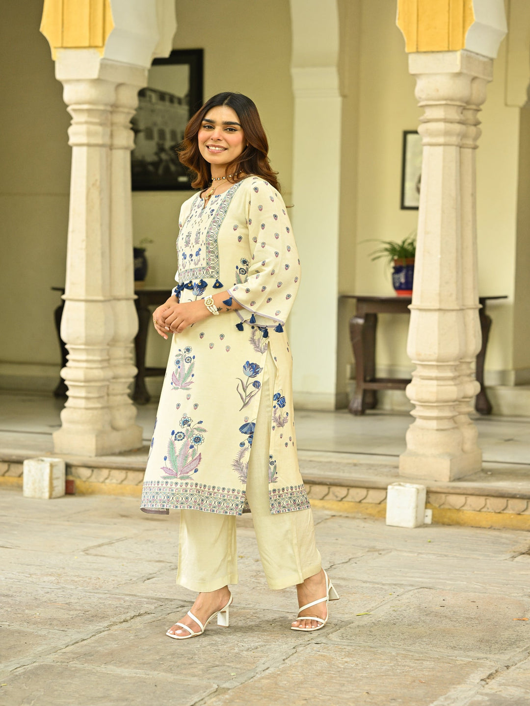 Off White and Blue Floral Print with Tassels Placement Kurta Set- SET OF-2 | SHOBITAM