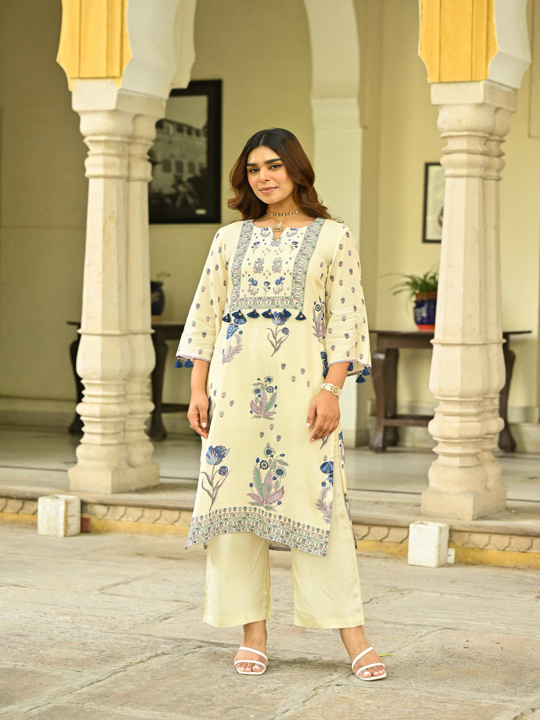 Off White and Blue Floral Print with Tassels Placement Kurta Set- SET OF-2 | SHOBITAM