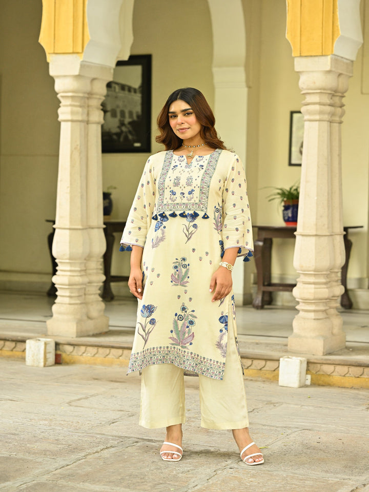Off White and Blue Floral Print with Tassels Placement Kurta Set- SET OF-2 | SHOBITAM