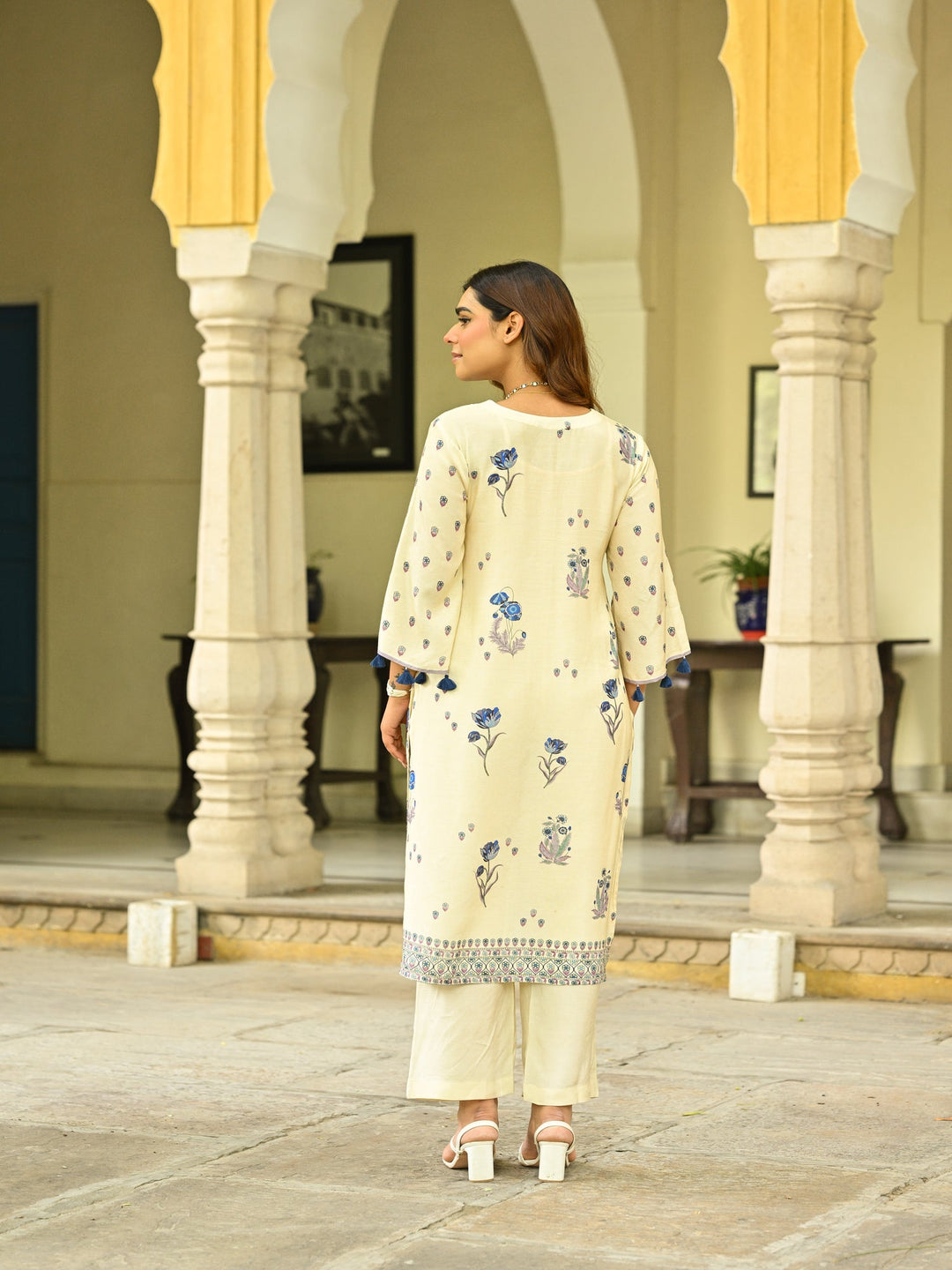 Off White and Blue Floral Print with Tassels Placement Kurta Set- SET OF-2 | SHOBITAM