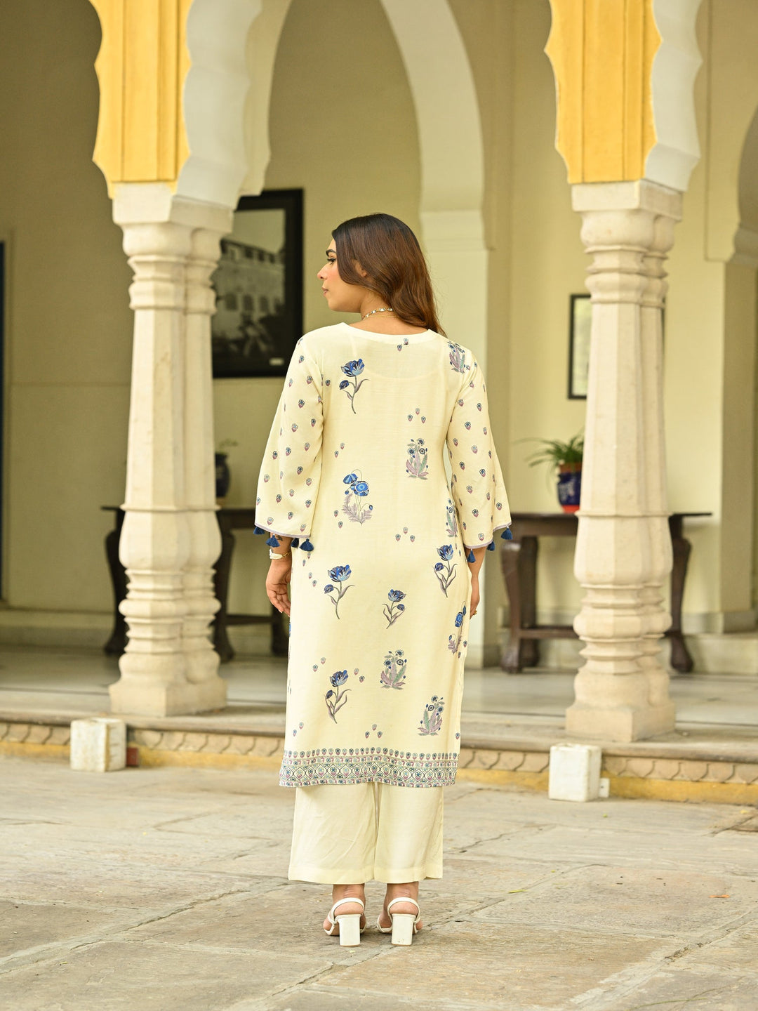 Off White and Blue Floral Print with Tassels Placement Kurta Set- SET OF-2 | SHOBITAM