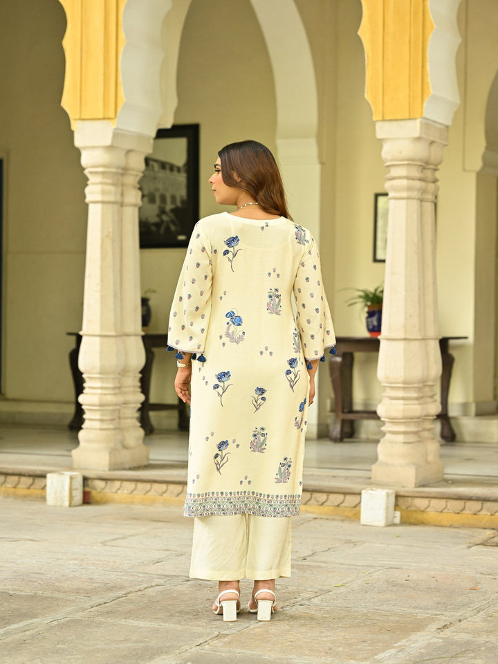 Off White and Blue Floral Print with Tassels Placement Kurta Set- SET OF-2 | SHOBITAM