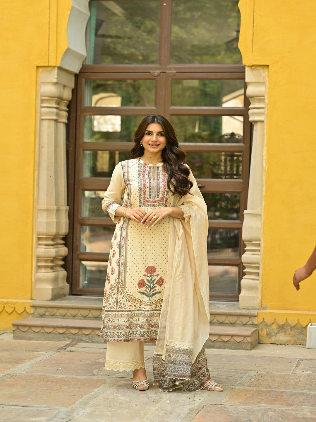 Beige Placement Mughal Heritage Kurta with Kota Doriya Dupatta and Organza Block Print Border-SET OF 3 | SHOBITAM