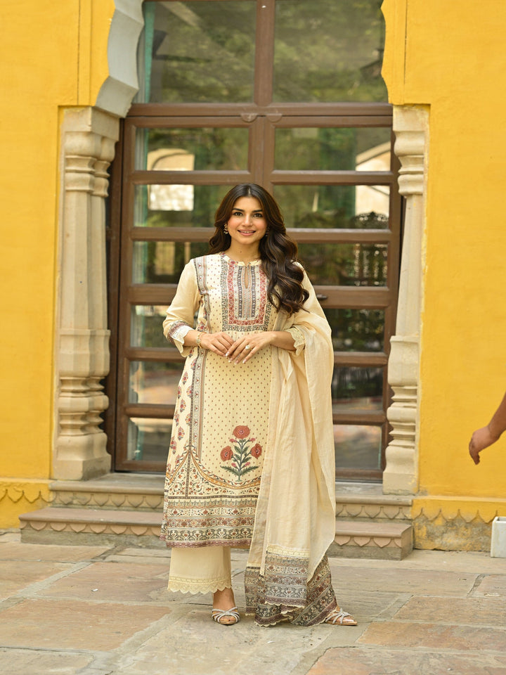 Beige Placement Mughal Heritage Kurta with Kota Doriya Dupatta and Organza Block Print Border-SET OF 3 | SHOBITAM