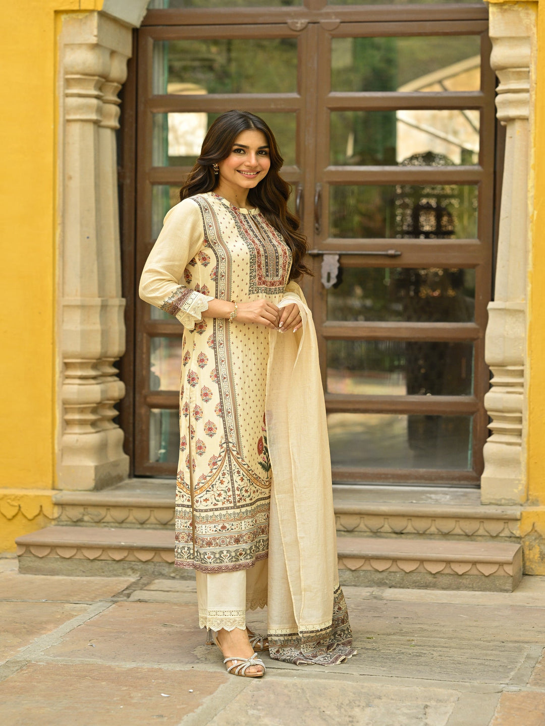 Beige Placement Mughal Heritage Kurta with Kota Doriya Dupatta and Organza Block Print Border-SET OF 3 | SHOBITAM