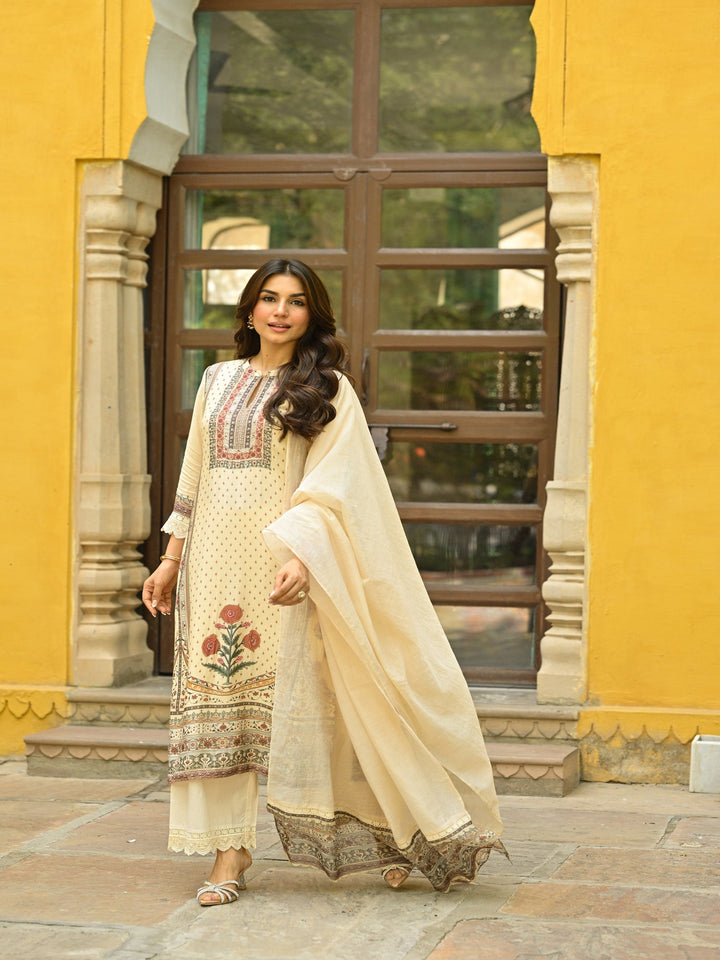 Beige Placement Mughal Heritage Kurta with Kota Doriya Dupatta and Organza Block Print Border-SET OF 3 | SHOBITAM
