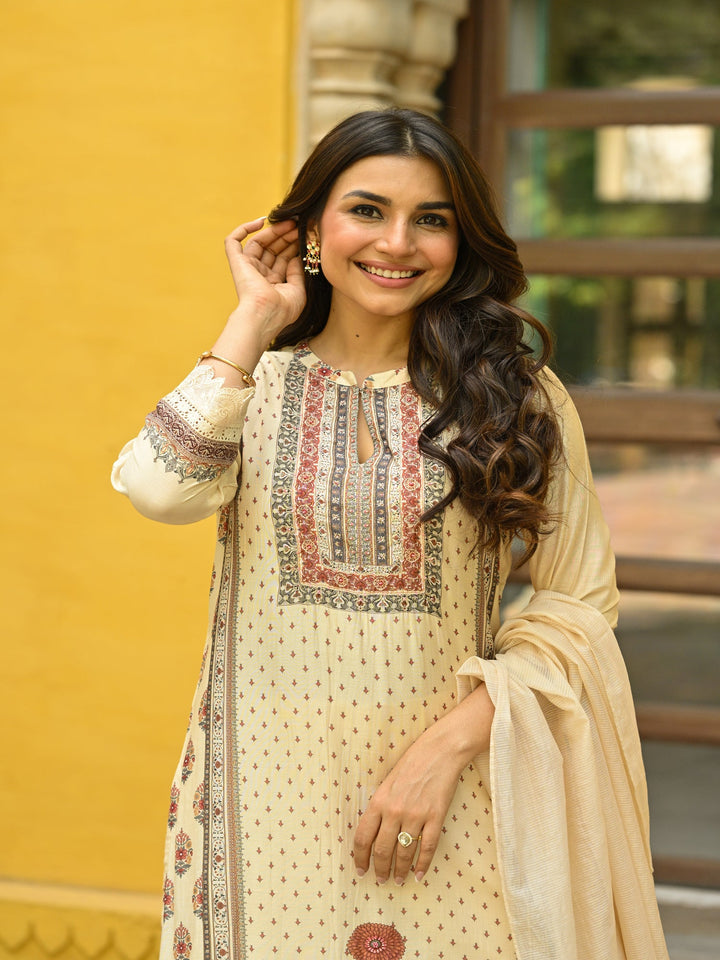Beige Placement Mughal Heritage Kurta with Kota Doriya Dupatta and Organza Block Print Border-SET OF 3 | SHOBITAM