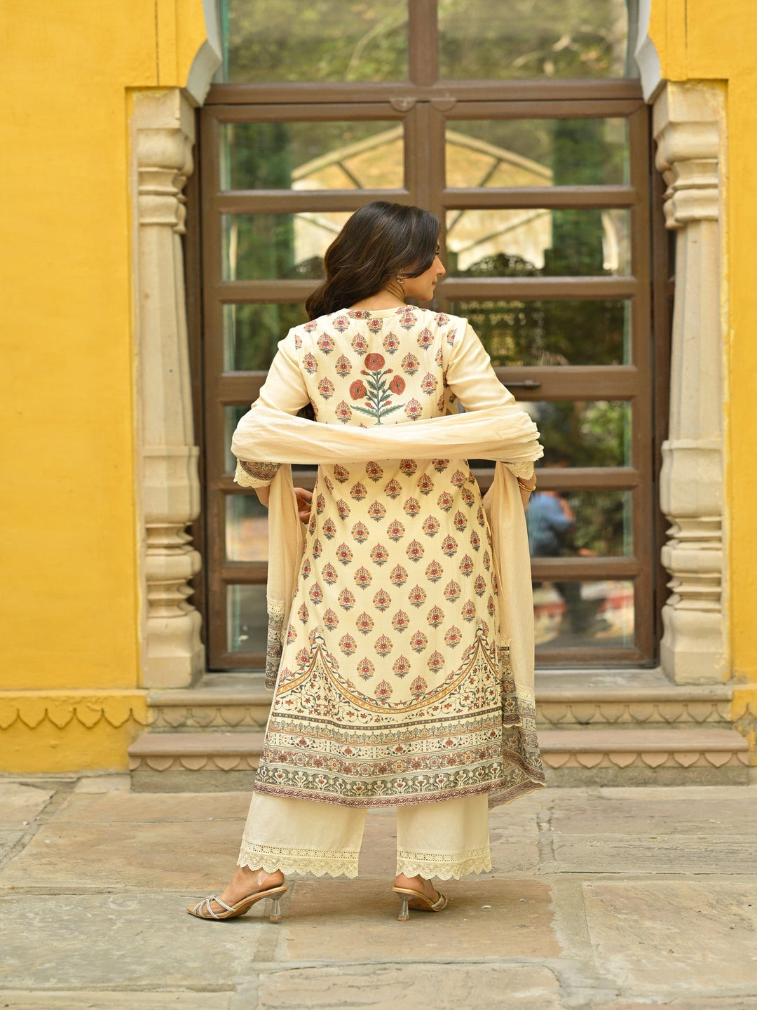 Beige Placement Mughal Heritage Kurta with Kota Doriya Dupatta and Organza Block Print Border-SET OF 3 | SHOBITAM