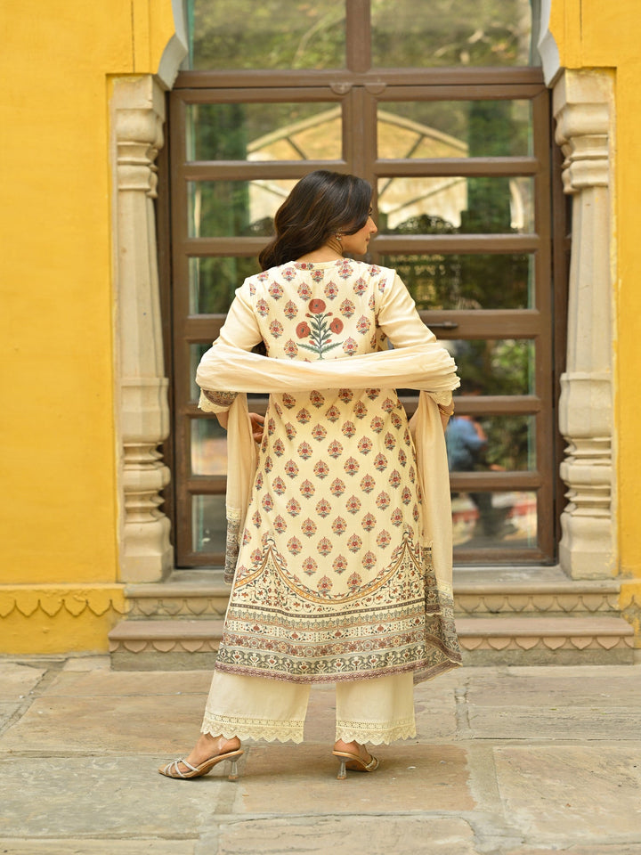 Beige Placement Mughal Heritage Kurta with Kota Doriya Dupatta and Organza Block Print Border-SET OF 3 | SHOBITAM