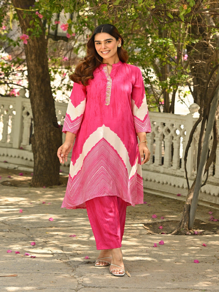 Pink Lehariya Muslin Kurta Set with Gota Work on Neck - SET OF-2 | SHOBITAM