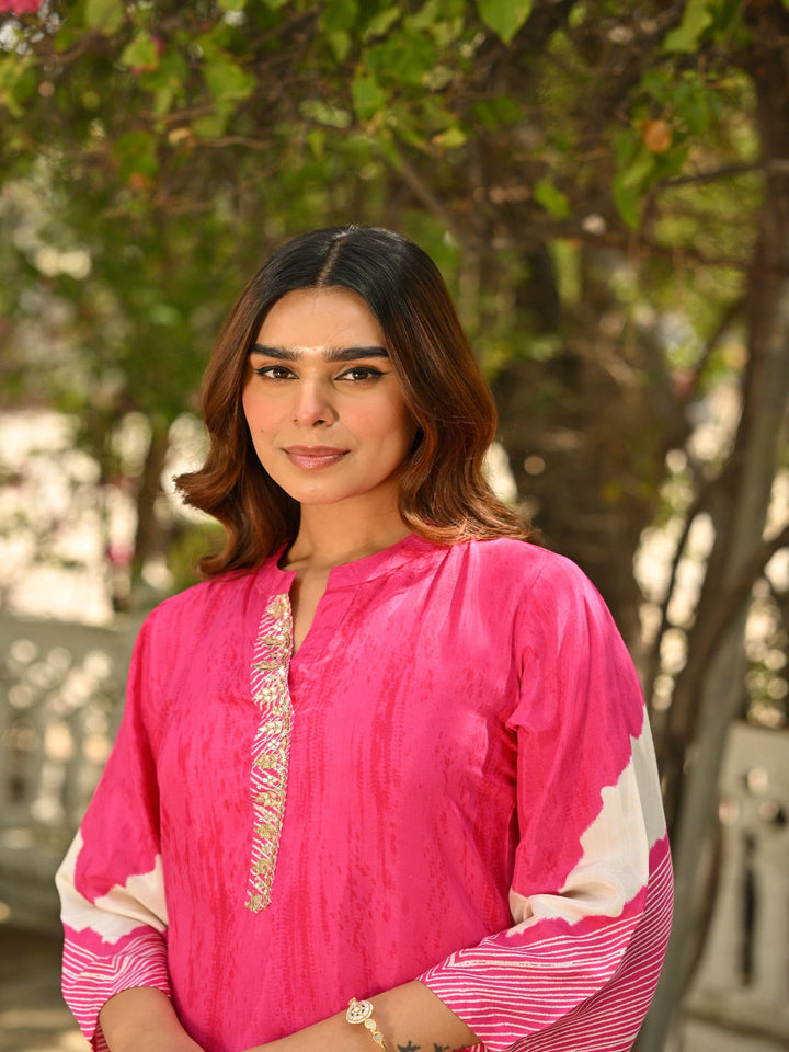 Pink Lehariya Muslin Kurta Set with Gota Work on Neck - SET OF-2 | SHOBITAM