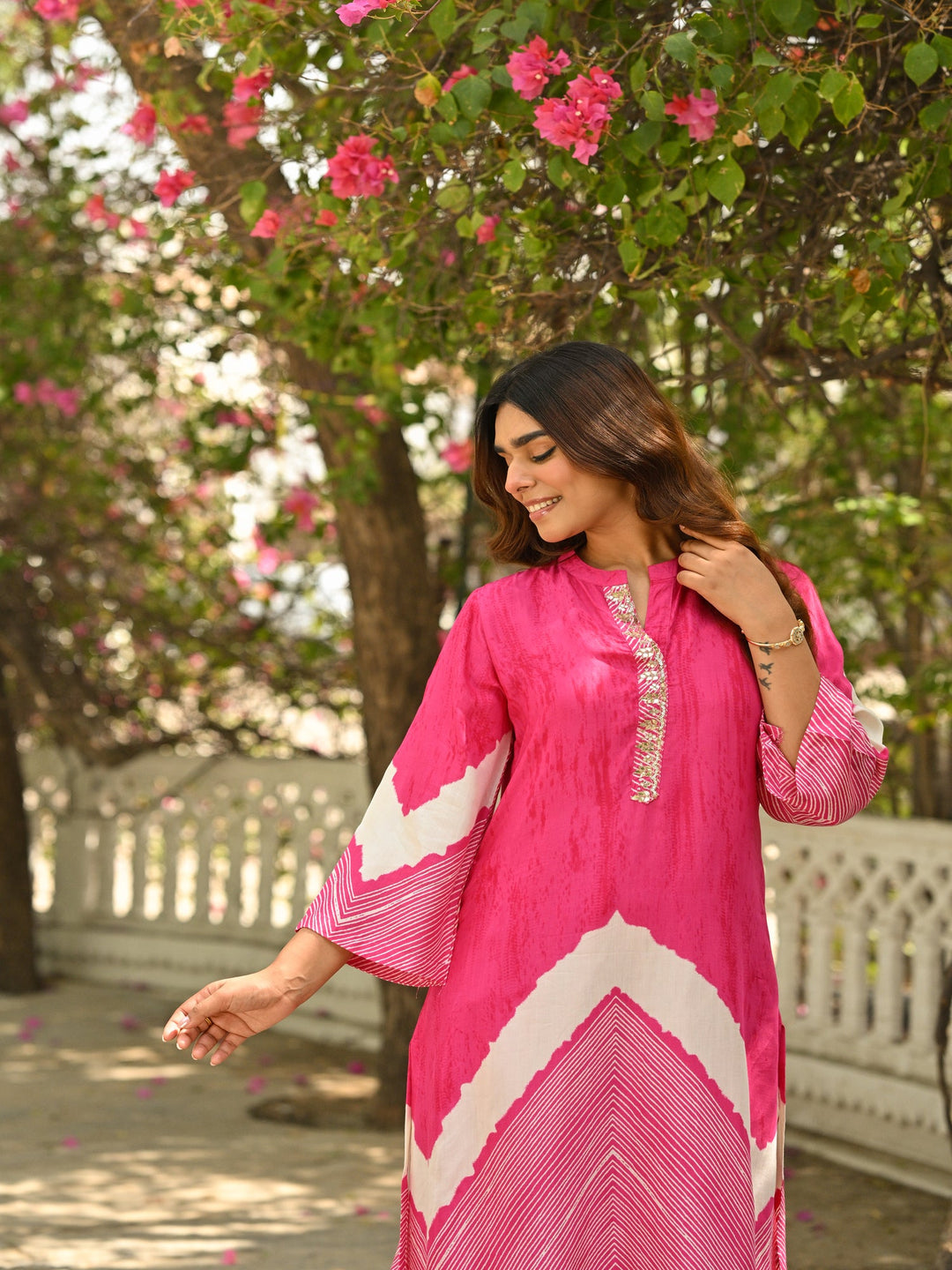 Pink Lehariya Muslin Kurta Set with Gota Work on Neck - SET OF-2 | SHOBITAM