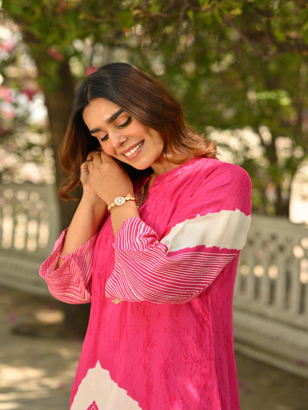 Pink Lehariya Muslin Kurta Set with Gota Work on Neck - SET OF-2 | SHOBITAM
