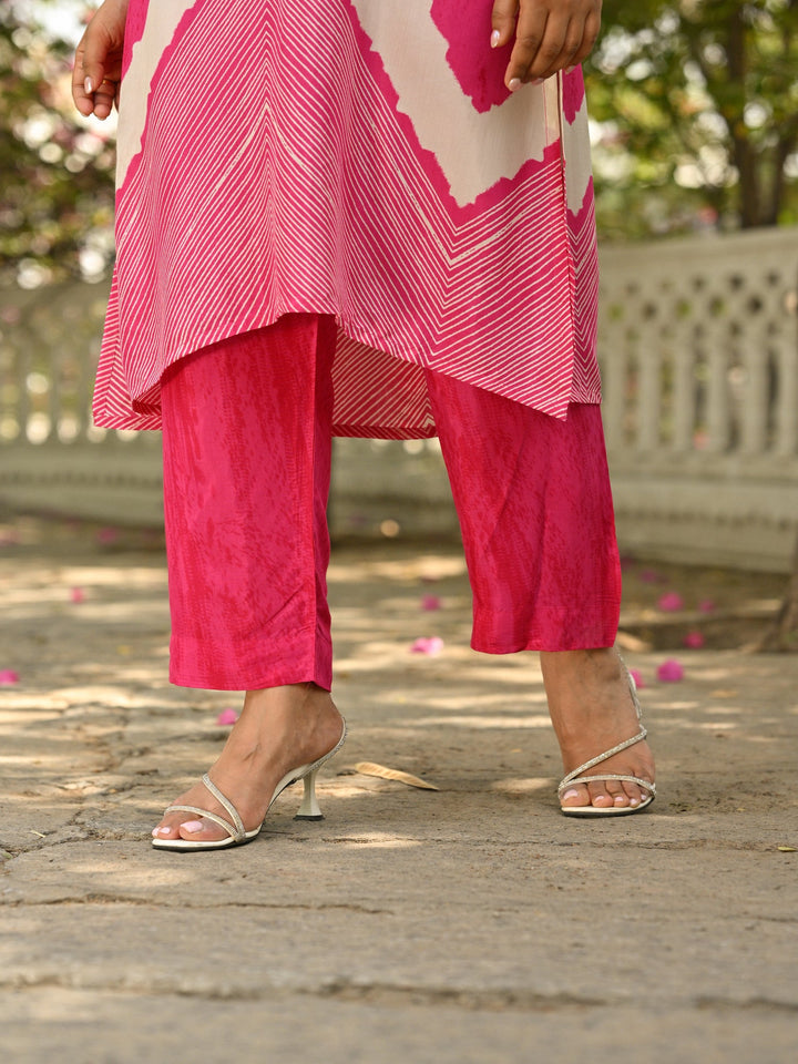 Pink Lehariya Muslin Kurta Set with Gota Work on Neck - SET OF-2 | SHOBITAM