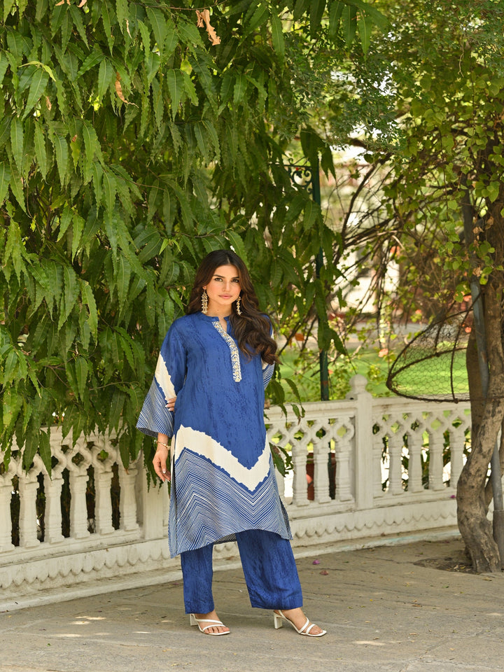 Blue Lehariya Muslin Kurta Set with Gota Work on Neck- SET OF-2 | SHOBITAM