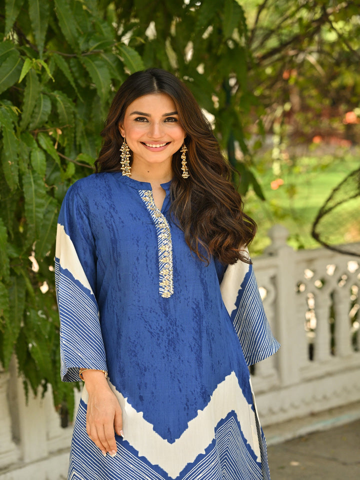 Blue Lehariya Muslin Kurta Set with Gota Work on Neck- SET OF-2 | SHOBITAM