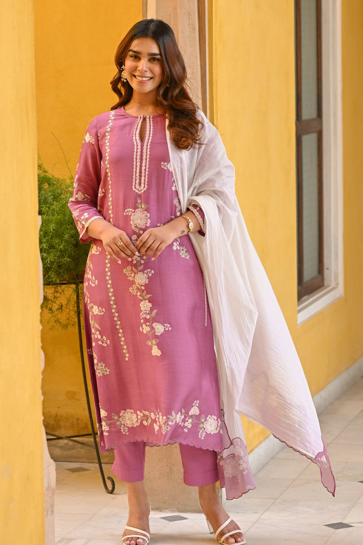 Purple and Off White Placement Print Muslin Suit with Scallope Border - SET OF-3 | SHOBITAM