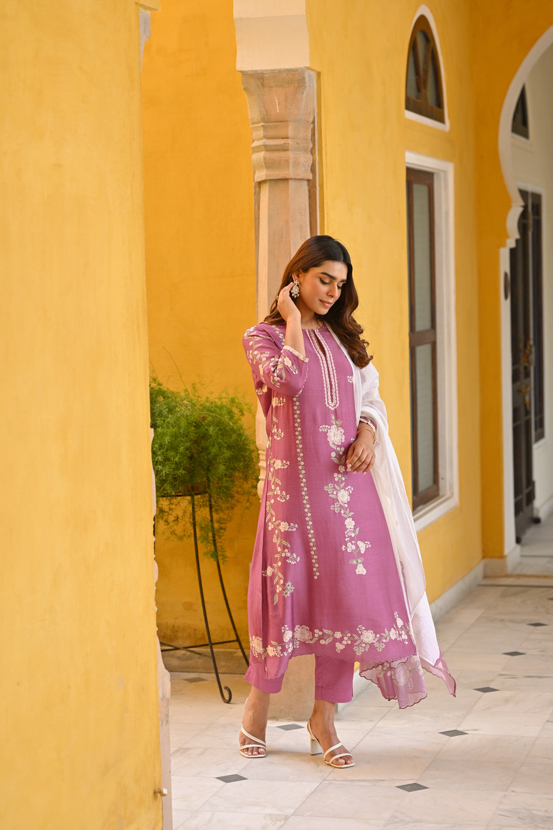 Purple and Off White Placement Print Muslin Suit with Scallope Border - SET OF-3 | SHOBITAM
