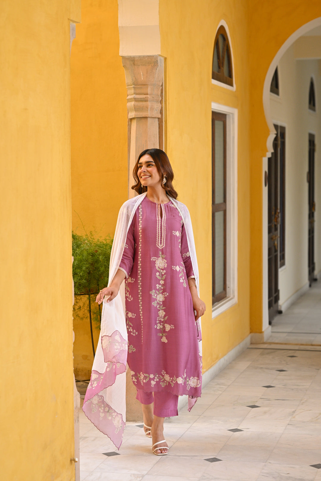 Purple and Off White Placement Print Muslin Suit with Scallope Border - SET OF-3 | SHOBITAM