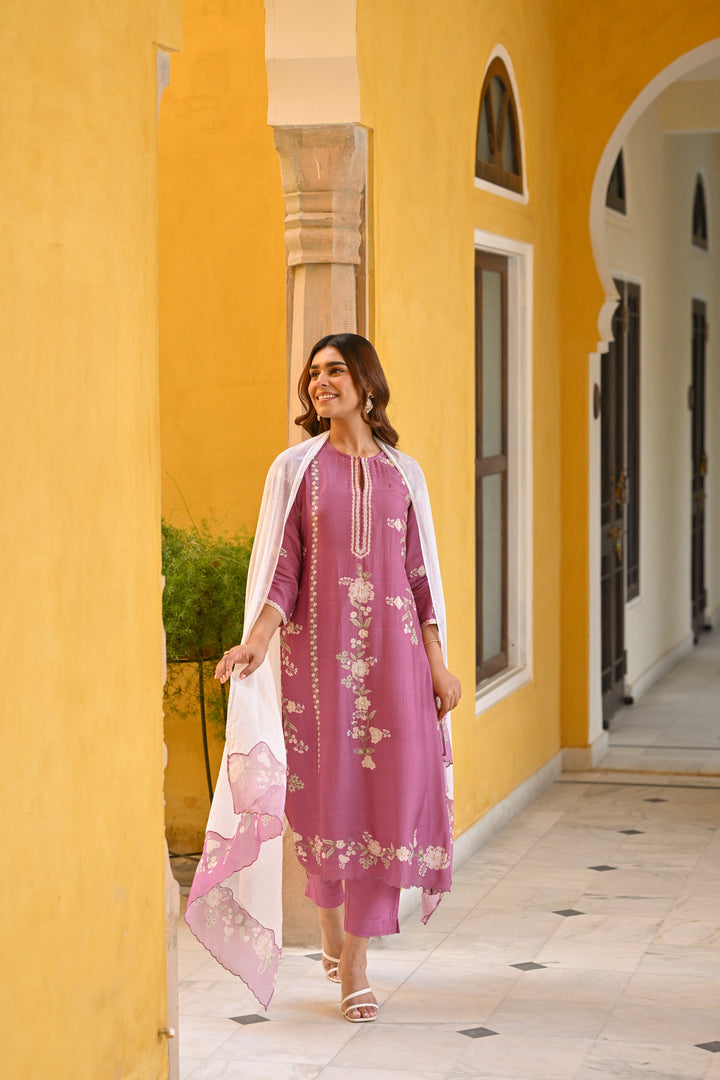 Purple and Off White Placement Print Muslin Suit with Scallope Border - SET OF-3 | SHOBITAM