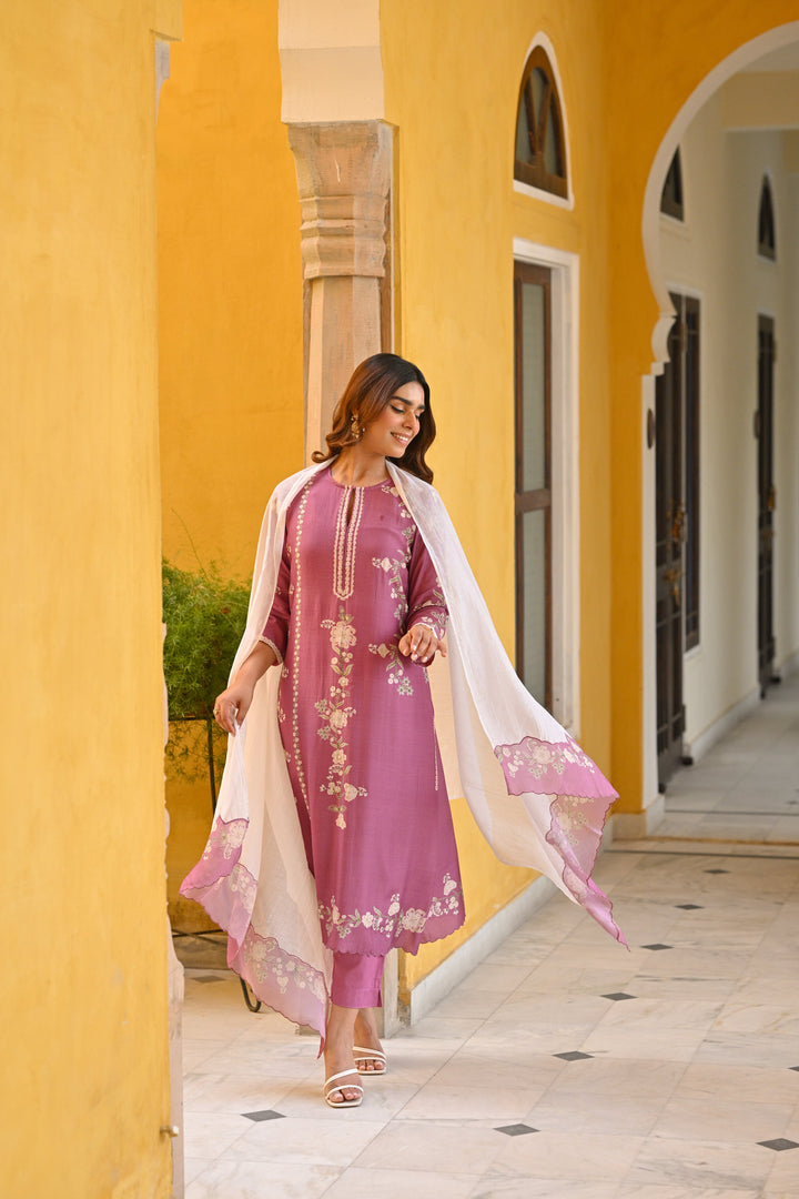 Purple and Off White Placement Print Muslin Suit with Scallope Border - SET OF-3 | SHOBITAM