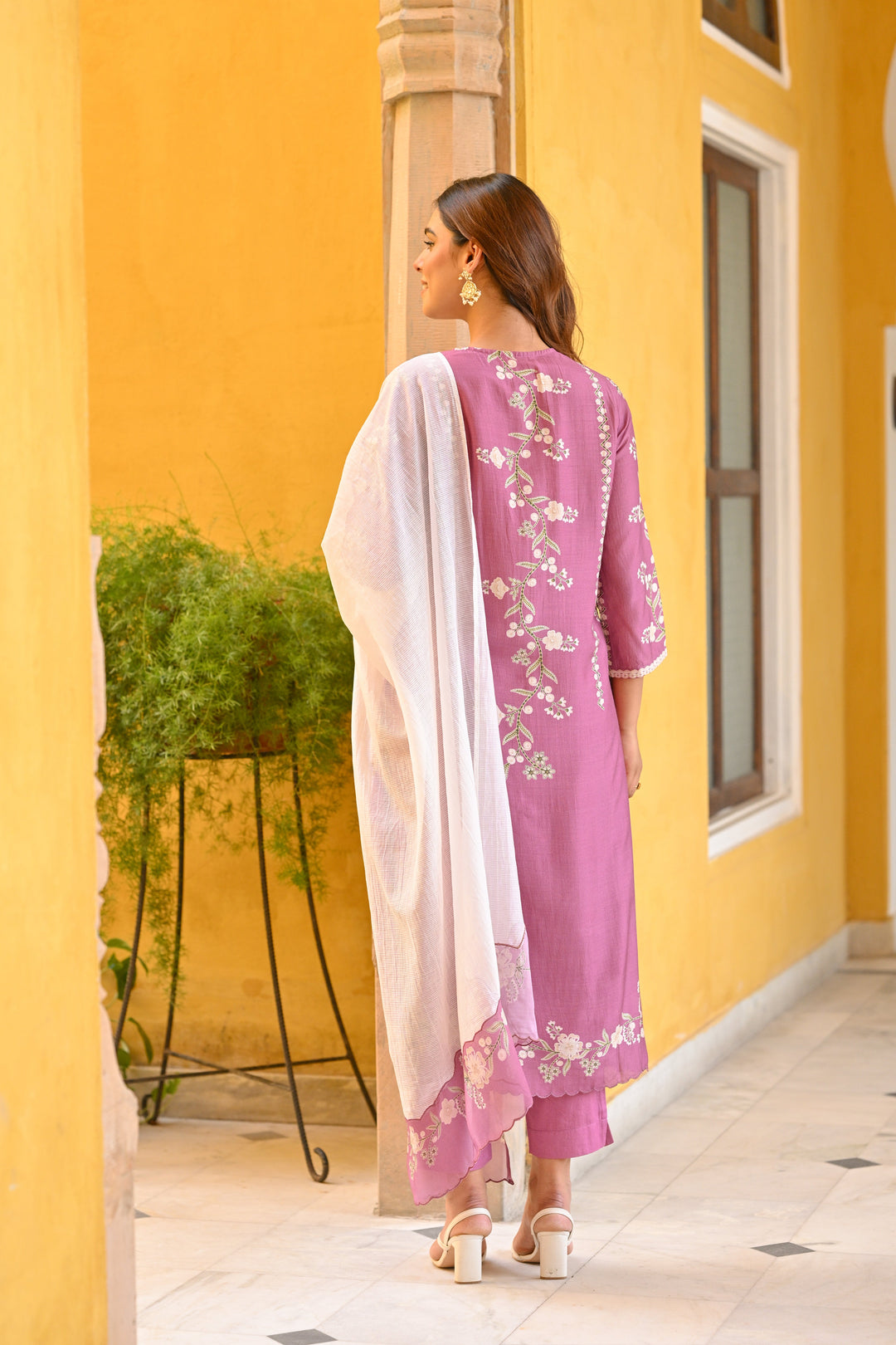 Purple and Off White Placement Print Muslin Suit with Scallope Border - SET OF-3 | SHOBITAM