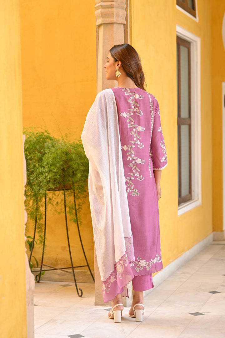 Purple and Off White Placement Print Muslin Suit with Scallope Border - SET OF-3 | SHOBITAM