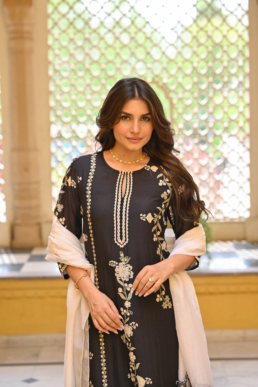 Black and Off White Placement Print Muslin Suit with Scallope Border- SET OF-3| SHOBITAM
