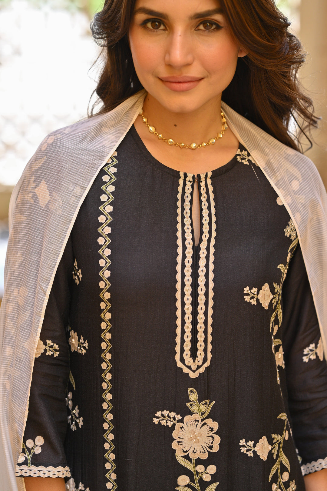 Black and Off White Placement Print Muslin Suit with Scallope Border- SET OF-3| SHOBITAM