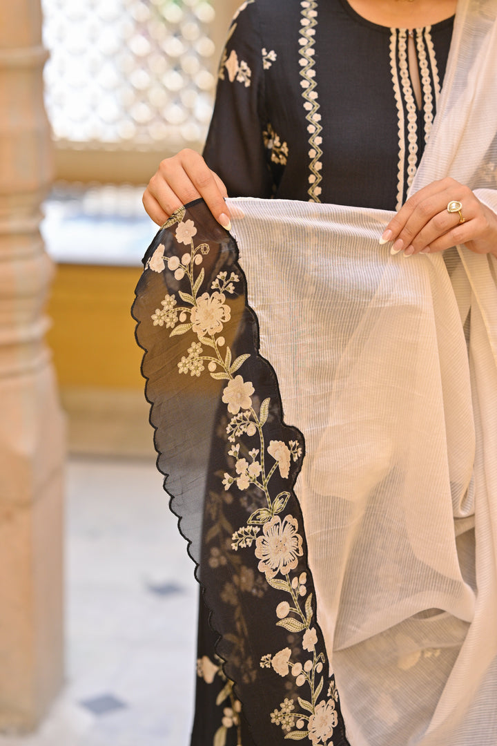 Black and Off White Placement Print Muslin Suit with Scallope Border- SET OF-3| SHOBITAM