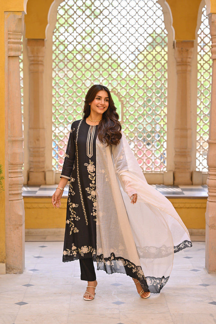 Black and Off White Placement Print Muslin Suit with Scallope Border- SET OF-3| SHOBITAM