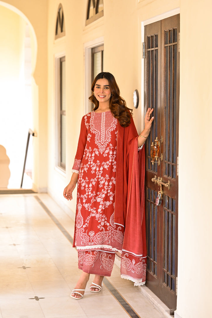 Red Paisley Pearl Work Pure Muslin Suit Set- SET OF-3 | SHOBITAM