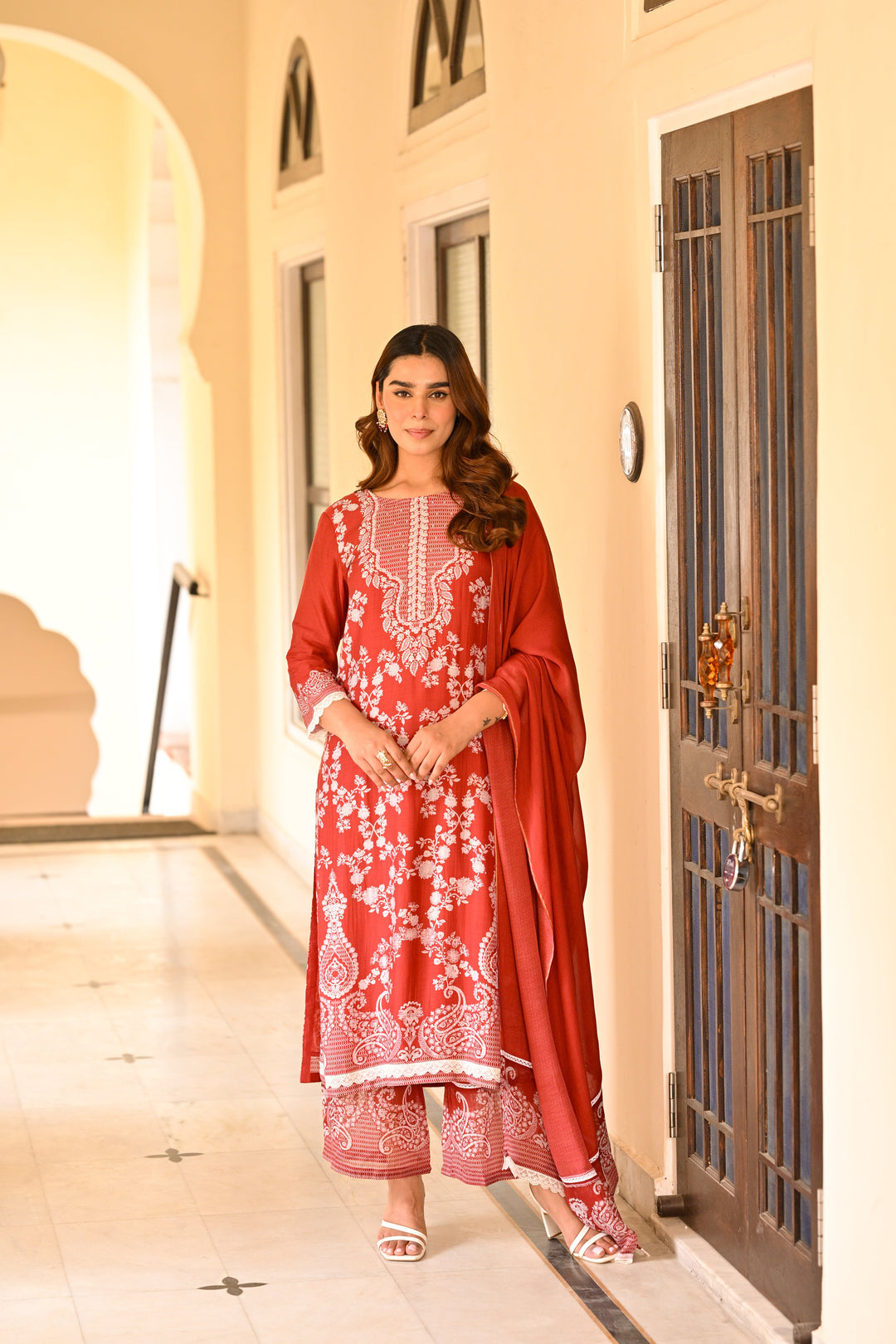 Red Paisley Pearl Work Pure Muslin Suit Set- SET OF-3 | SHOBITAM