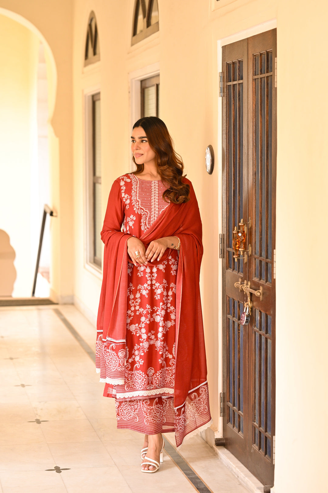 Red Paisley Pearl Work Pure Muslin Suit Set- SET OF-3 | SHOBITAM