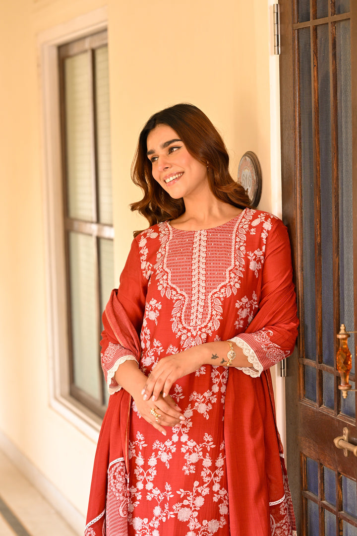 Red Paisley Pearl Work Pure Muslin Suit Set- SET OF-3 | SHOBITAM