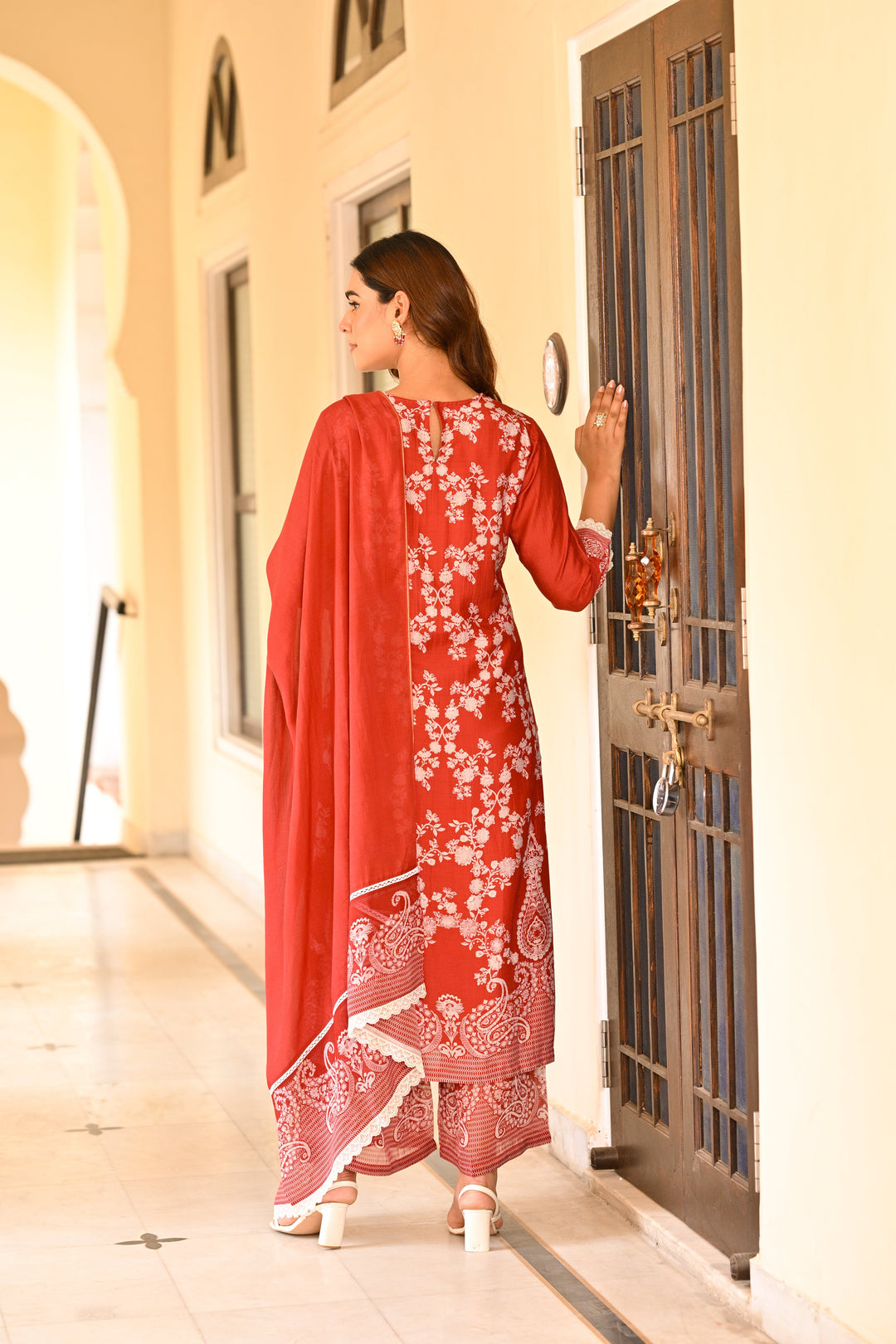 Red Paisley Pearl Work Pure Muslin Suit Set- SET OF-3 | SHOBITAM