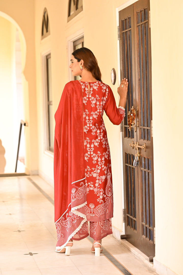 Red Paisley Pearl Work Pure Muslin Suit Set- SET OF-3 | SHOBITAM